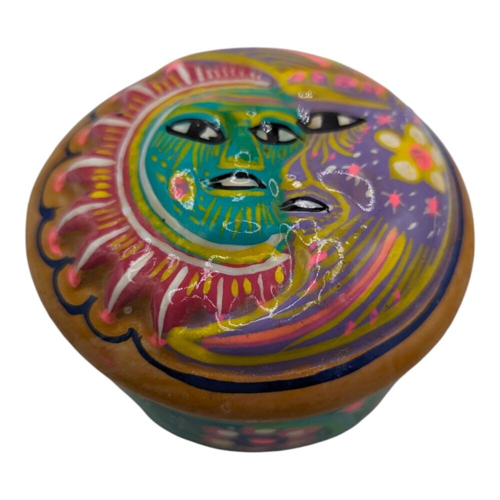 Mexican Terra Cotta Pottery Hand Painted 3" Trinket Box Sun Moon Folk Art